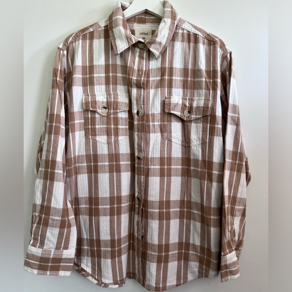 Japna Plaid Collection Womens top Size Large Button Front Long Sleeve Beige